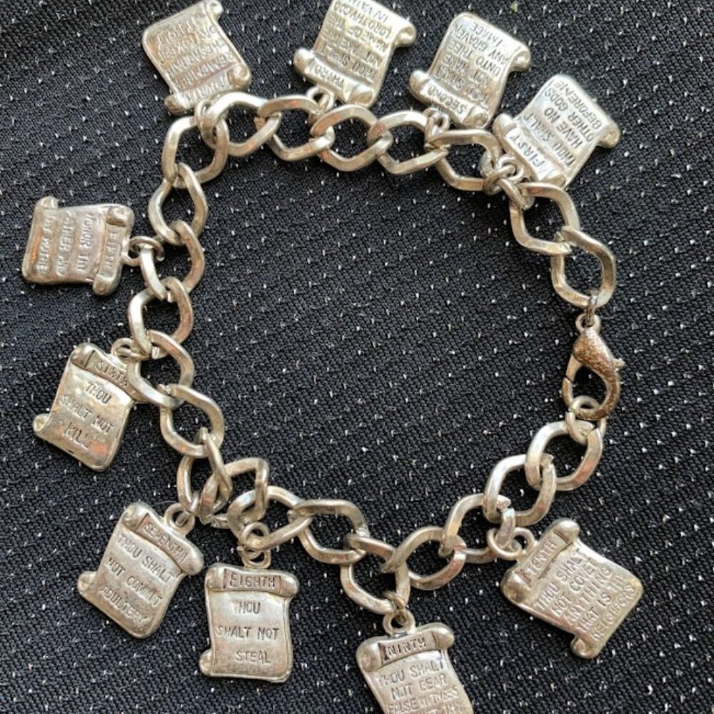 Vintage Ten Commandments Charm Bracelet – Silver Tone Religious Scroll Charms
